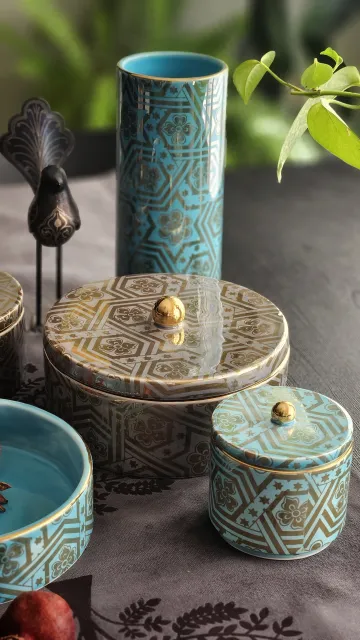 ظرف درب دار سرامیکی گرد راستین ستاره لاستر طوسی